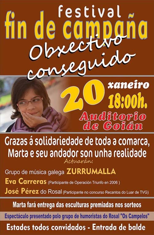 Ahora que su campaña se a finalizado y como recompensa a la transparencia de los padres de Marta, hemos decidido publicar el cartel de fin de campaña y compartirlo con todos vosotros.