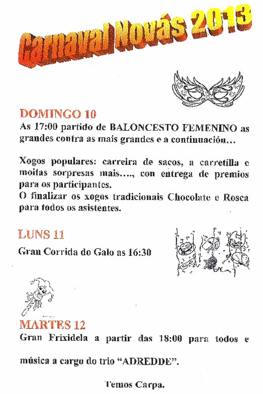 Actividades programadas no Carnaval de Nov&aacute;s-O Rosal 2013