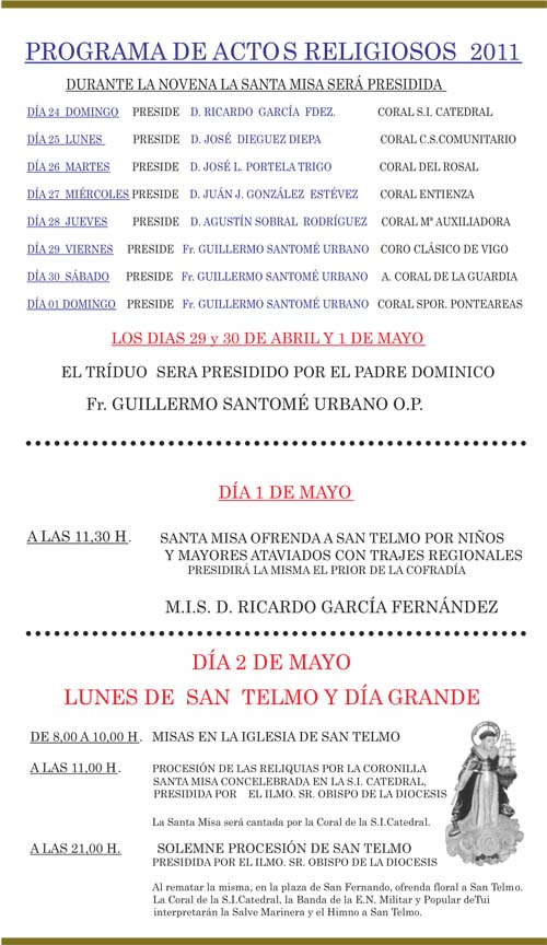 PROGRAMACION FESTAS DE SAN TELMO 2011 EN TUI - ACTOS RELIXIOSOS