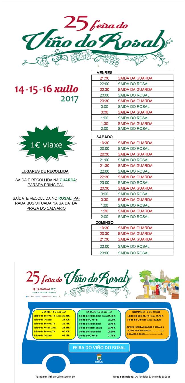 Horarios servicio de autobus Feira do Viño do Rosal 2017Salidas desde A Guarda, Tui y Baiona