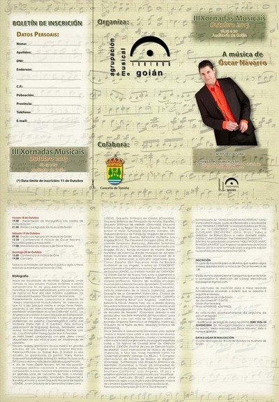 O CONCELLO DE TOMIO E A AGRUPACIN MUSICAL DE GOIN ORGANIZAN AS III XORNADAS MUSICAIS ADICADAS  MSICA DE SCAR NAVARRO