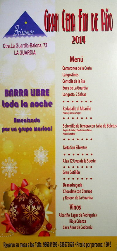 GRAN CENA DE FIN DE AO EN EL RESTAURANTE BRISAMAR DE A GUARDA