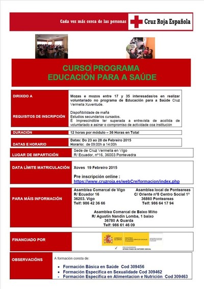 CRUZ ROJA VIGO ABRE EL PLAZO DE INSCRIPCIN  DEL PRXIMO CURSO DE EDUCACIN PARA LA SALUD  PARA JVENES