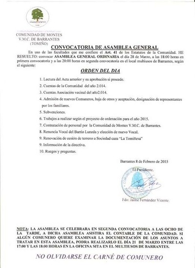ASAMBLEA GENERAL COMUNIDAD DE MONTES DE BARRANTES EL SBADO 28 DE MARZO