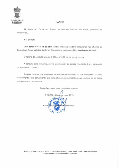 CONSULTA DO CENSO ELECTORAL CON MOTIVO DAS ELECCINS MUNICIPAIS NO CONCELLO DO ROSAL