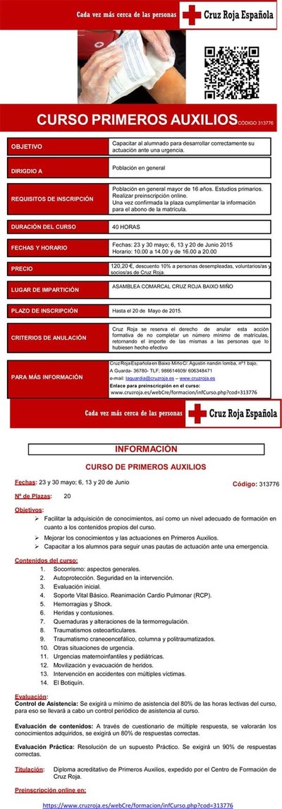 NUEVAS FECHAS PARA EL  CURSO DE PRIMEROS AUXILIOS Y SOCORRISMO 