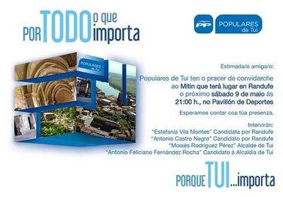 MITIN DO PARTIDO POPULAR ESTE SBADO 9 DE MAIO EN RANDUFE - TUI