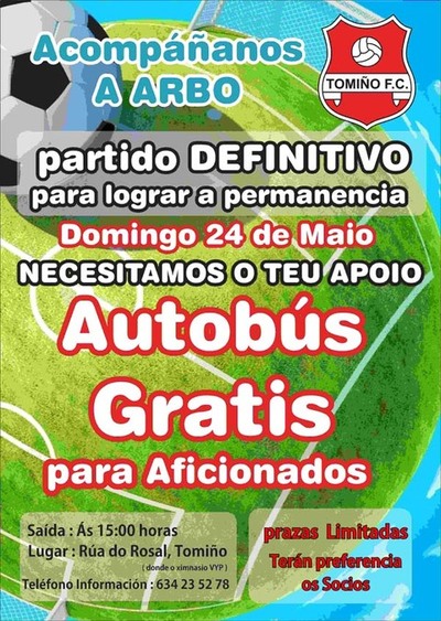 AUTOBUS GRATIS PARA O PARTIDO DESTE DOMINGO DO TOMIO FC EN ARBO