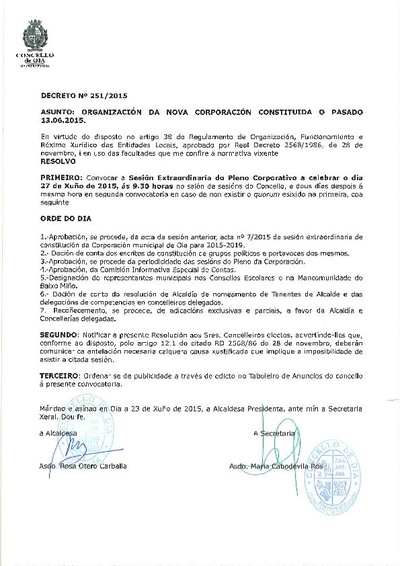 PLENO EXTRAORDINARIO DA CORPORACIN MUNICIPAL DE OIA O 27 DE XUO