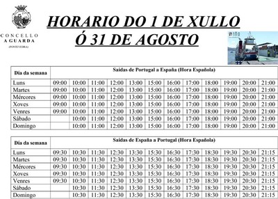 O FERRY QUE UNE A LOCALIDADE DA GUARDA E CAMINHA FIXA OS HORARIOS DO MES DE XULLO E AGOSTO