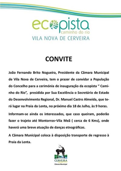 CONVITE  POPULAO - CERIMNIA DE INAUGURAO DA 2 FASE ECOPISTA - CAMINHO DO RIO 