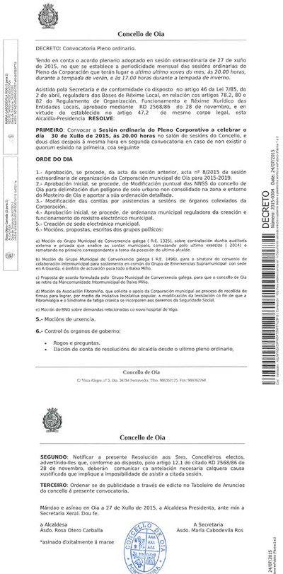 CONVOCATORIA DE PLENO HOXE XOVES 30 DE XULLO EN OIA