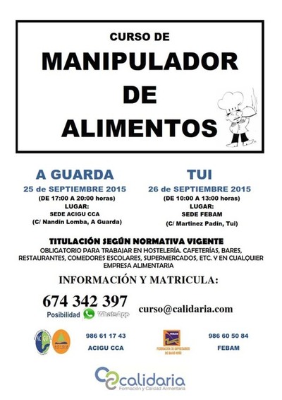 ACIGU Y FEBAM OFRECEN CURSOS DE MANIPULADOR DE ALIMENTOS EL 25 Y 26 DE SEPTIEMBRE EN A GUARDA Y TUI