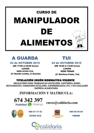 ACIGU Y FEBAM OFRECEN CURSOS DE MANIPULADOR DE ALIMENTOS EL 23 Y 24 DE OCTUBRE EN A GUARDA Y TUI
