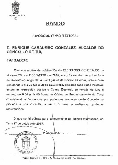ANUNCIO DE EXPOSICIN PBLICA DO CENSO ELECTORAL NO MUNICIPIO DE TUI