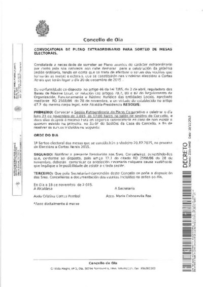 PLENO EXTRAORDINARIO EN OIA PARA O SORTEO DOS MEMBROS DAS MESAS ELECTORAIS