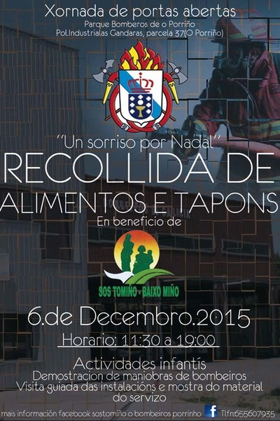 RECOLLIDA DE ALIMENTOS E TAPNS A FAVOR DE SOS TOMIO ESTE DOMINGO NO PARQUE DE BOMBEIROS DE O PORRIO