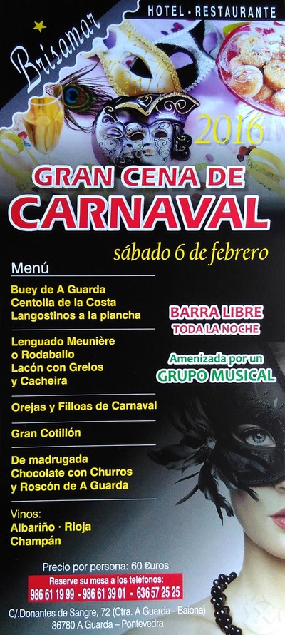 GRAN CENA DE CARNAVAL EL 6 DE FEBRERO EN EL RESTAURANTE BRISAMAR DE A GUARDA