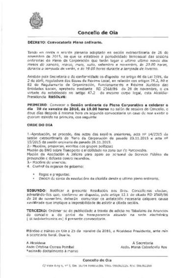 PLENO ORDINARIO ESTE XOVES EN OIA