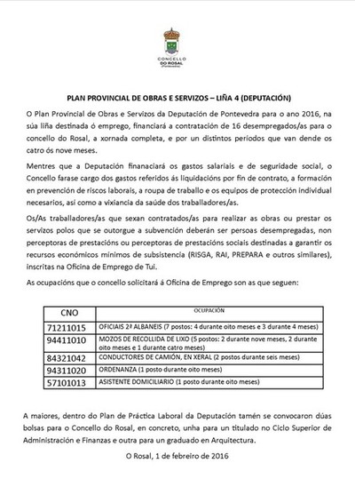 O ROSAL CONTRATAR 16 DESEMPREGADOS/AS DENTRO DO PLAN PROVINCIAL DE OBRAS E SERVIZOS DA DEPUTACIN DE PONTEVEDRA