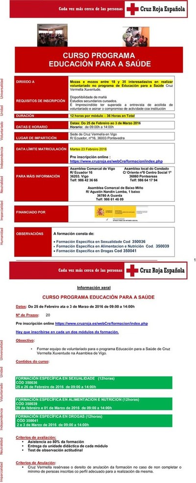 CRUZ ROJA BAIXO MIO ABRE EL PLAZO DE INSCRIPCIN  DEL PRXIMO CURSO DE EDUCACIN PARA LA SALUD  PARA JVENES