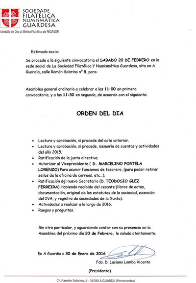 LA SOCIEDAD FILATLICA Y NUMISMTICA GUARDESA CONVOCA ASAMBLEA GENERAL ORDINARIA