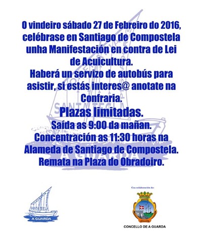 AUTOBUSES DENDE A GUARDA PARA ACUDIR  MANIFESTACIN DESTE SBADO CONTRA A LEI DE ACUICULTURA EN STGO. DE COMPOSTELA