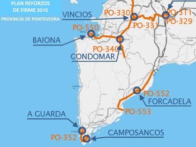 O PLAN DE REFORZOS DE FIRME 2016 INCLE AS ESTRADAS DO BAIXO MIO PO-352, PO-553 E PO-552