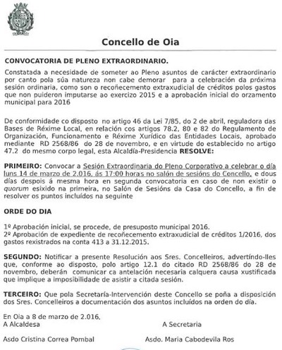 OIA LEVA A PLENO ESTE LUNS 14 DE MARZO A APROBACIN INICIAL DOS PRESUPOSTOS DESTE ANO