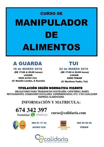 ACIGU Y FEBAN CONVOCAN DOS CURSOS DE MANIPULADOR DE ALIMENTOS EN MARZO