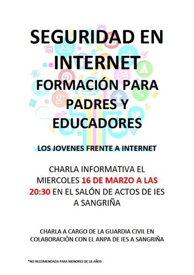 CHARLA SOBRE SEGURIDAD EN INTERNET PARA PADRES Y EDUCADORES ESTE MIRCOLES EN A SANGRA-A GUARDA