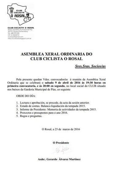 ASAMBLEA XERAL DO CLUB CICLISTA O ROSAL ESTE SBADO
