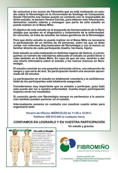 FIBROMIO INFORMA DE LA REALIZACIN DE UN ESTUDIO SOBRE LA FIBROMIALGIA