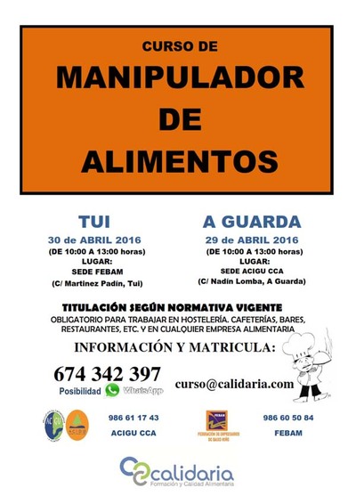 ACIGU Y FEBAN CONVOCAN DOS CURSOS DE MANIPULADOR DE ALIMENTOS EN A GUARDA Y TUI