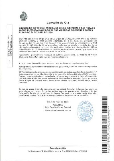 EXPOSICIN PBLICA CENSO ELECTORAL E MESAS LOCAIS PARA AS ELECCIONES DO 26 DE XUO DE 2016 EN OIA