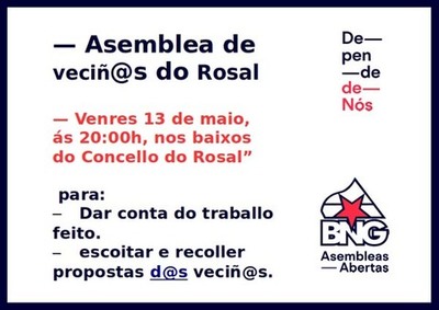 ASEMBLEA ABERTA NO ROSAL ESTE VENRES 13 DE MAIO