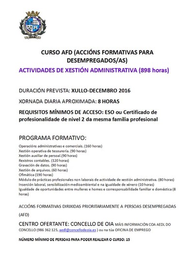 Curso AFD gratuto en Oia: Actividades de xestin administrativa