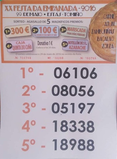 Nmeros premiados na XX Festa da Empanada de Ests