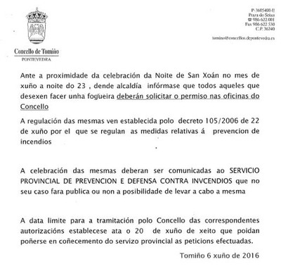 Tomio abre o prazo de solicitudes de permisos para a realizacin de Fogueiras de San Xon ata o 20 de Xuo