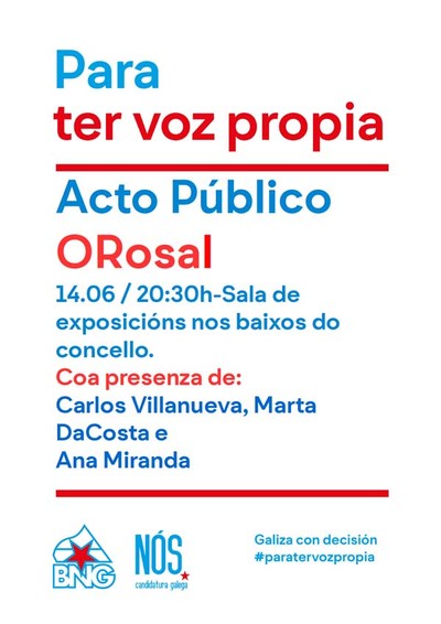 Acto pblico aberto do BNG- Ns-Candidatura Galega este martes no Rosal