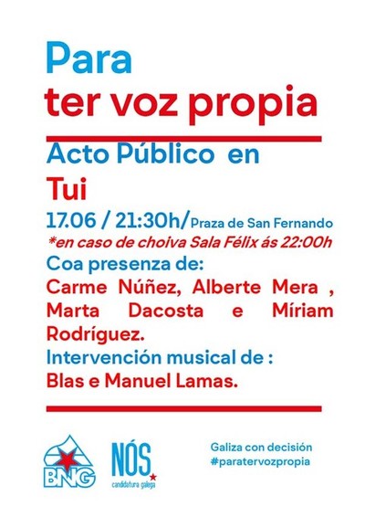 Acto pblico aberto do BNG- Ns-Candidatura Galega este venres en Tui