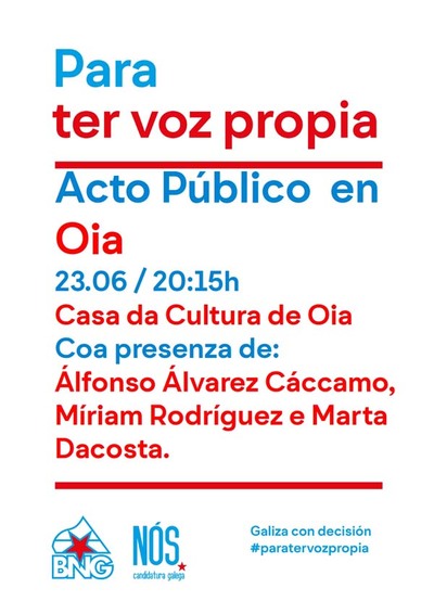 Acto pblico aberto do BNG- Ns-Candidatura Galega este xoves en Oia