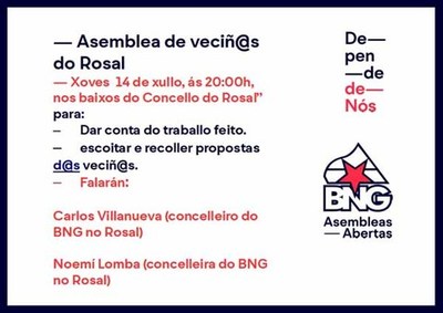O BNG do Rosal convida  vecianza a unha asemblea aberta que se vai celebrar este xoves