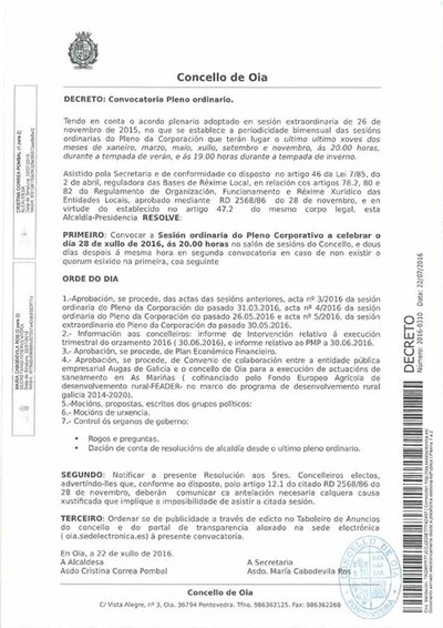 Convocatoria de Pleno Ordinario da Corporacin Municipal de Oia o xoves da 28 de xullo