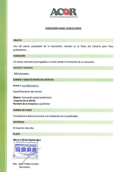 ACOR saca a Concurso Pblico la Concesin del panel publicitario situado en la Plaza del Calvario