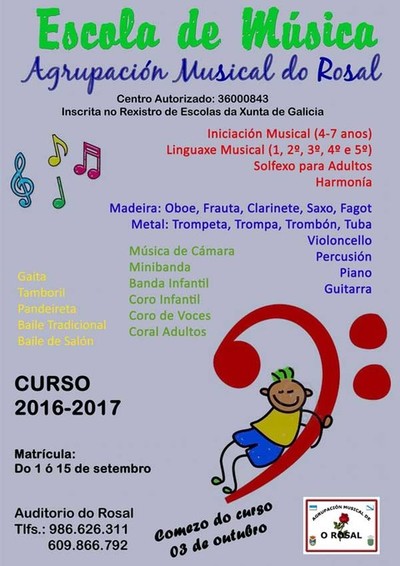 Aberto o prazo para matricularse no curso 2016/2017 na Escola de Msica da Agrupacin Musical do Rosal