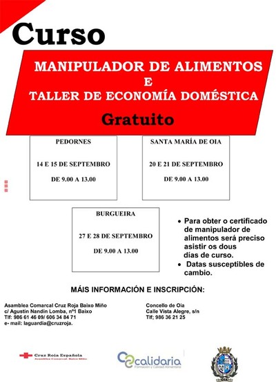 Cursos de Manipulador de Alimentos e taller de economa domstica en Oia