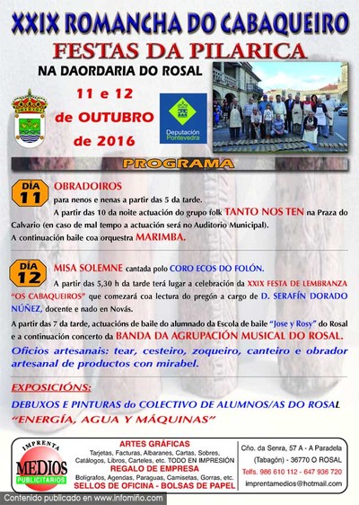 O Rosal acolle os das 11 e 12 de Outubro a XXIX Romancha do Cabaqueiro e as Festas da Pilarica