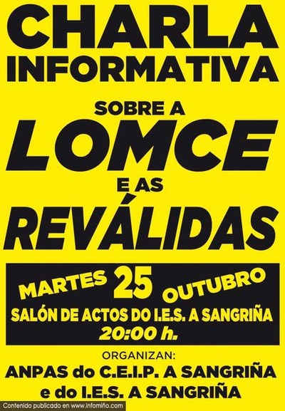 O IES A Sangria de A Guarda acolle este martes unha charla informaciva sobre a LOMCE e as revlidas