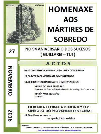 Conmemoracion dos Sucesos de Sobredo no seu 94 aniversario o domingo 27 novembro en Guillarei ? Tui